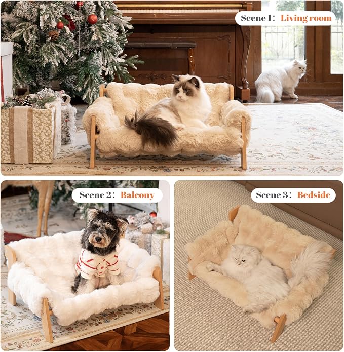 CHEERHOME PETS Elevated Cat Couch Bed Wooden Raised Kitty Sofa Lounge Chair | Washable Fluffy Cover Wooden Elevated Pet Furniture for Indoor Cats and Puppy(White)