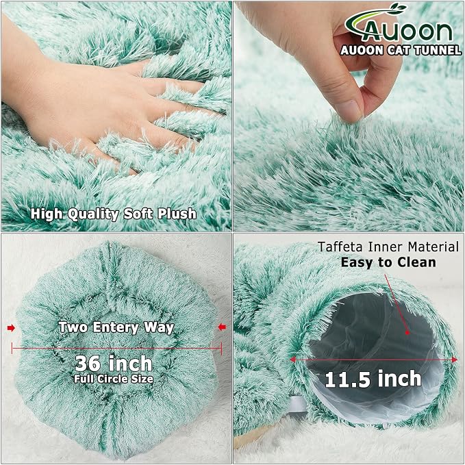 AUOON Plush Cat Tunnel Bed for Indoor Cats, 36" L x 36" W x 11.5" H, Khaki | 2 in-1 Interactive Cat Toy, with Hanging Ball Toy, Machine Washable Center Pad, for Kitten Puppy Rabbit Ferret