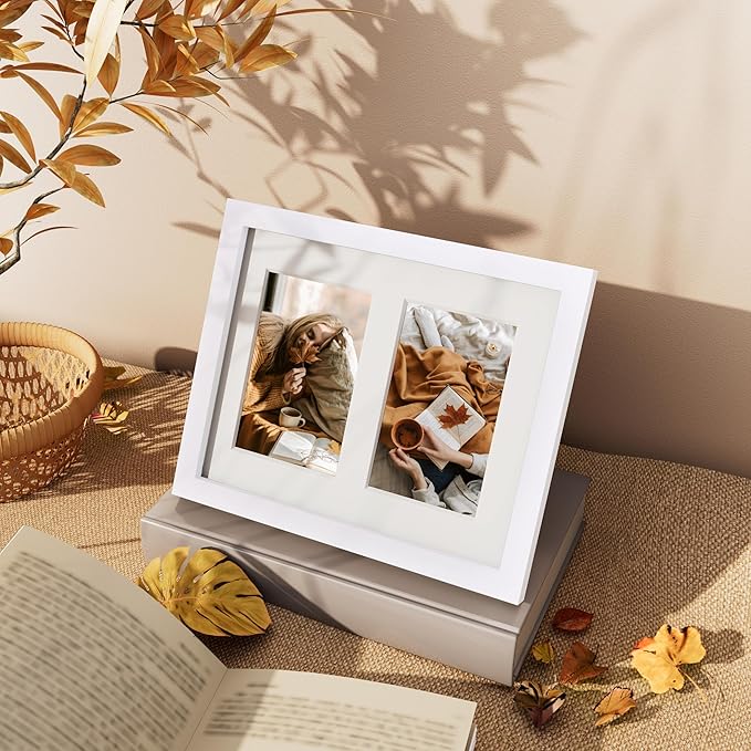 Vittanly 8x10 Collage Picture Frame, Displays 2Pcs 4x6 Pictures with Mat or 1Pcs 8x10 without Mat, Photo Frame for Wall Mounting or Table Top with Stand, White, 1 Pack