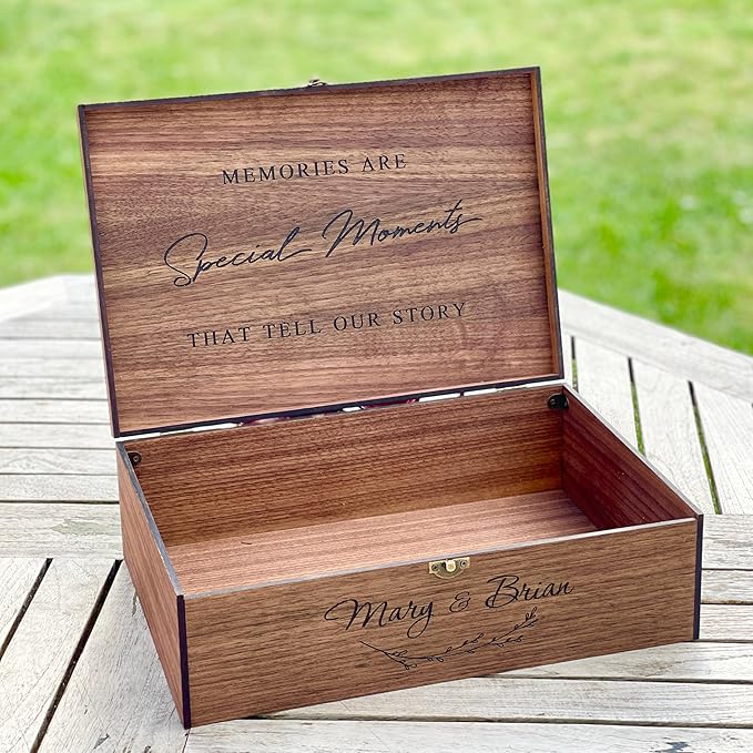 Personalized Memory Wooden Keepsake Decorative Letter Box with lock hinged lid – Custom Wedding Engagement Couple gift for Him, Her, Boyfriend Girlfriend Friend Time capsule box (Walnut)