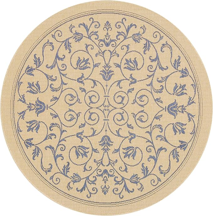 SAFAVIEH Washable Rug Outdoor Courtyard Collection - 6'7" Round, Natural & Blue, Non-Shedding & Easy Cleaning, Ideal for Patio, Backyard, Mudroom (CY2098-3101)