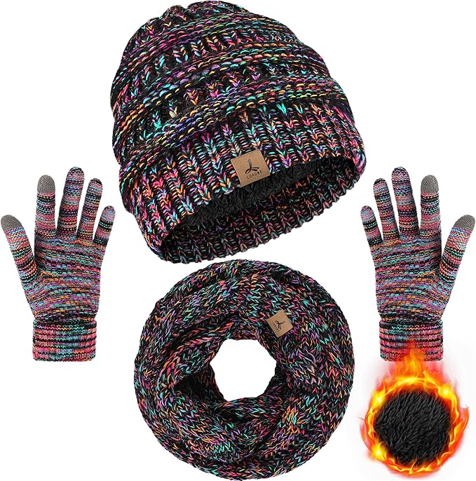 Winter Beanie Hat Scarf Gloves, Warm Fleece Knit Hats Touch Screen Gloves Neck Scarf Set Winter Gifts for Unisex Adult