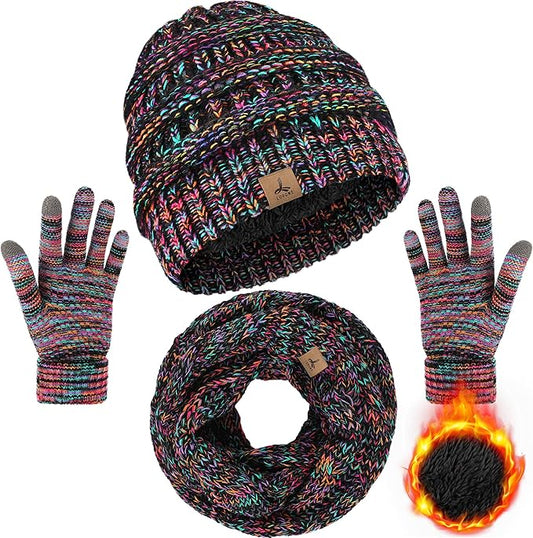 Winter Beanie Hat Scarf Gloves, Warm Fleece Knit Hats Touch Screen Gloves Neck Scarf Set Winter Gifts for Unisex Adult