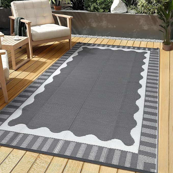 Waterproof Plastic Straw Outdoor Rug 9x18 Patio Reversible UV Resistant Foldable Camping Carpet Scalloped Border Large Outdoor Rugs for Deck, Picnic, Porch, Camper, Balcony, Beach，Grey