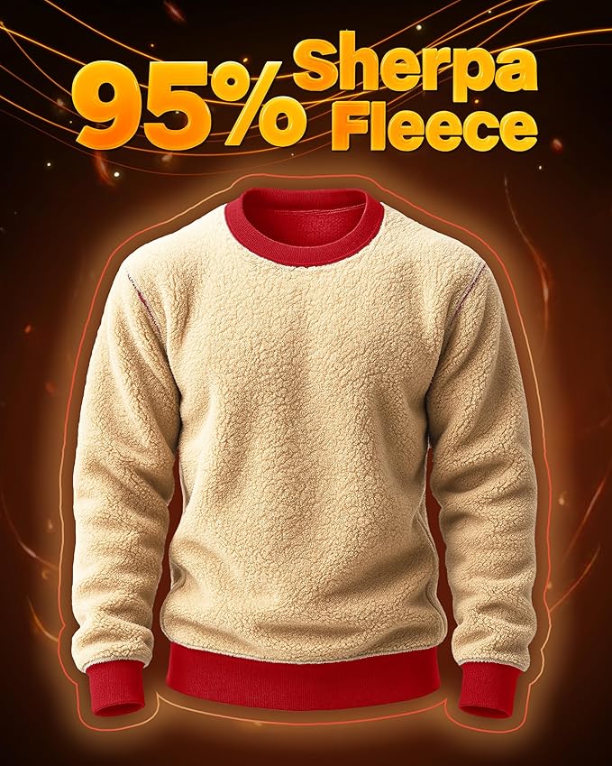 Boladeci Men's Full Sherpa Lined Crewneck Sweatshirts Heavy-weight Fleece Pullover Thick Thermal Long Sleeve Cotton