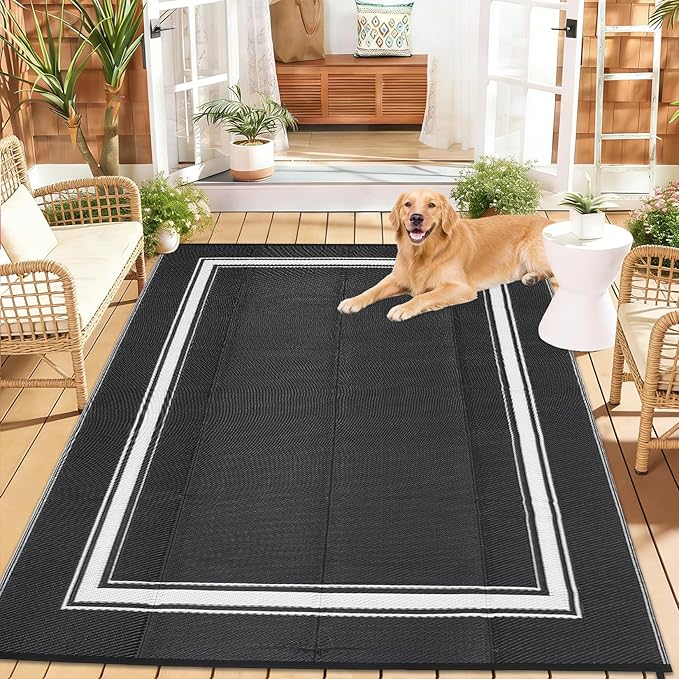 Outdoor Rugs 8x10 for Patio Waterproof Floor Mats Modern Bordered Plastic Straw Large Area Rugs Lightweight Reversible Mat Carpet for RV Backyard Balcony Porch Black/White