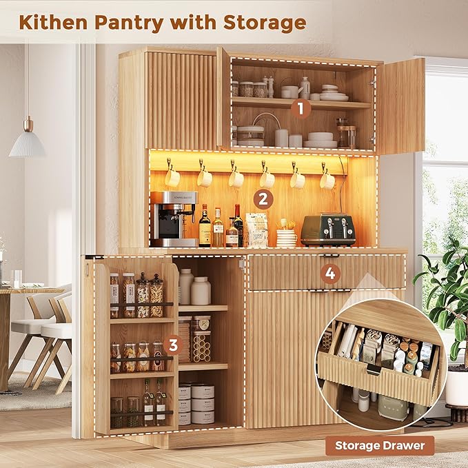 Jocoevol Fluted Kitchen Pantry Storage Cabinet with Charging Station/LED Light/Doors/Shelves, 71'' Tall Kitchen Food Hutch with Microwave Stand for Dining Room Living Room (Natural, 41 * 15.7 * 71)