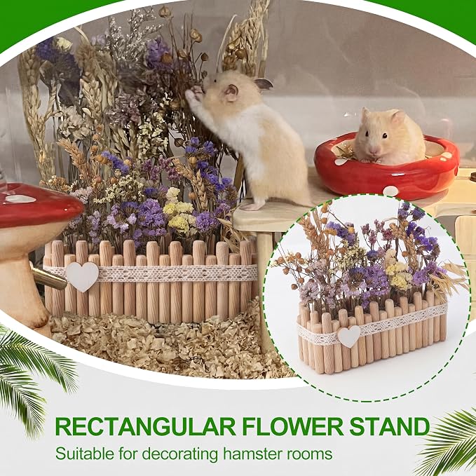 Hamster Cage Sprays Flower Foraging Holder - Natural Wood Feeding Stand, Small Pet Habitat Accessories for Hamsters Mouse Guinea Pig Dwarf Gerbils Syrian Mice (Lace - Rectangle)