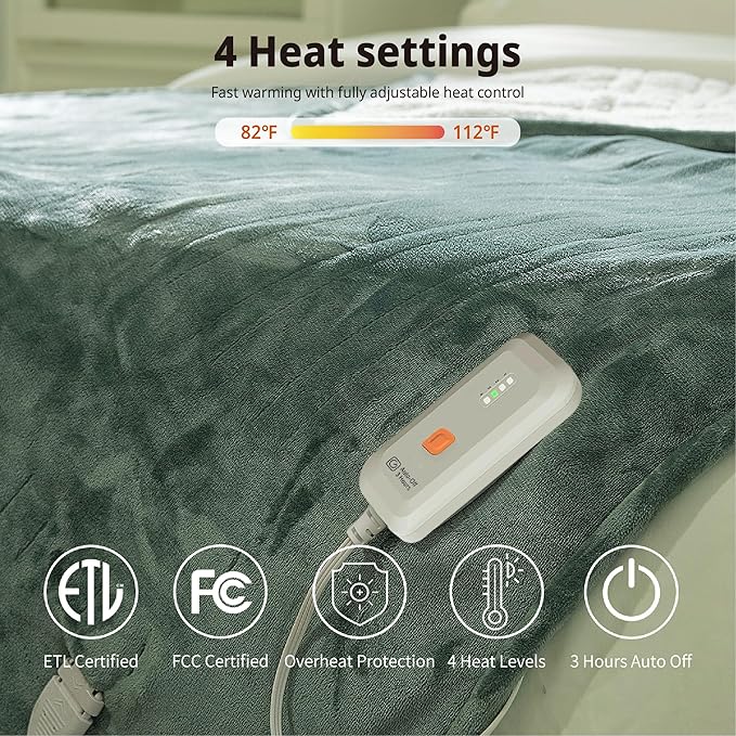 GOTCOZY Heated Blanket Electric Throw 50''X60''- Soft Silky Plush Electric Blanket with 4 Heating Level & 3 Hour Auto Off Heating Blanket, ETL Certified Machine Washable (Green)
