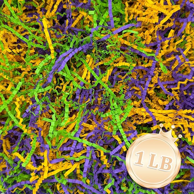 Zankubom 1 LB Mardi Gras Crinkle Cut Paper Shred Filler Great for Gift Wrapping, Basket Fillers, Birthday, Gift Wrapping, Mardi Gras, Party Decor Filling Supplies Golden Green Purple