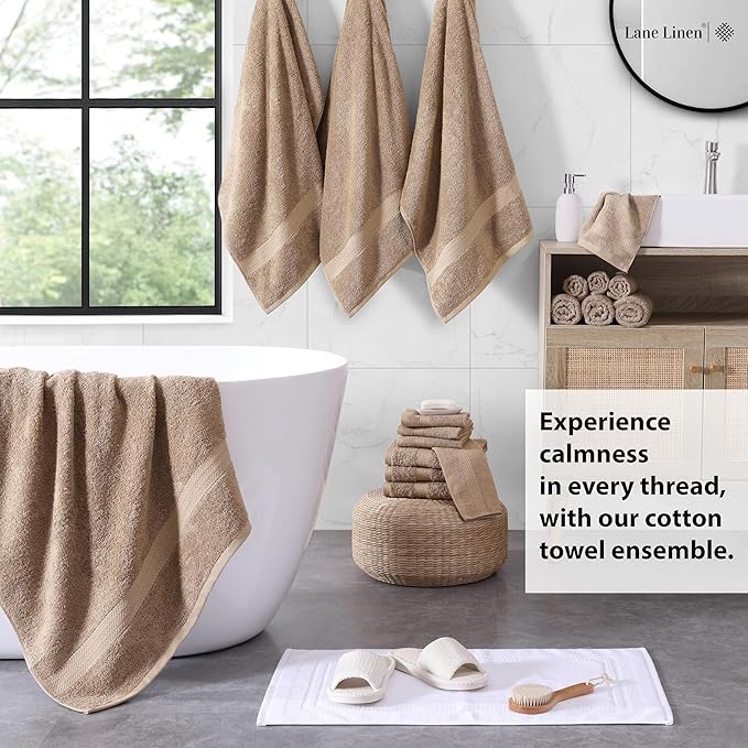 LANE LINEN 100% Cotton Bath Towel Set, 18PCs - 4 Shower Towels, 8 Washcloths, 6 Hand Towels for Bathroom - Sustainably Produced & Oeko-Tex Certified, Pet Friendly & Ultra Absorbent - Taupe