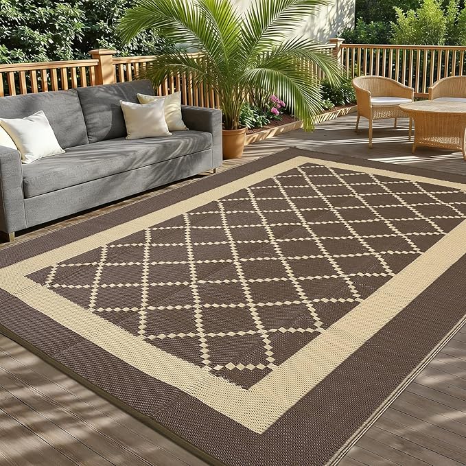 Outdoor Rug for Patio 9x12 Waterproof Camping Mat Reversible Plastic Straw Floor Carpet Modern Diamond Indoor Outdoor Large Area Rug for RV Deck Balcony Backyard Brown/Coffee