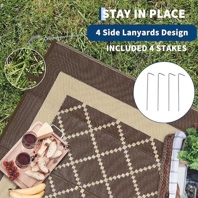 Waterproof Outdoor Rug 8x10 Reversible Plastic Straw Rug Modern Geometric Large Floor Carpet Lightweight Foldable Camping Mat for Outdoors RV Patio Backyard Picnic Brown/Coffee