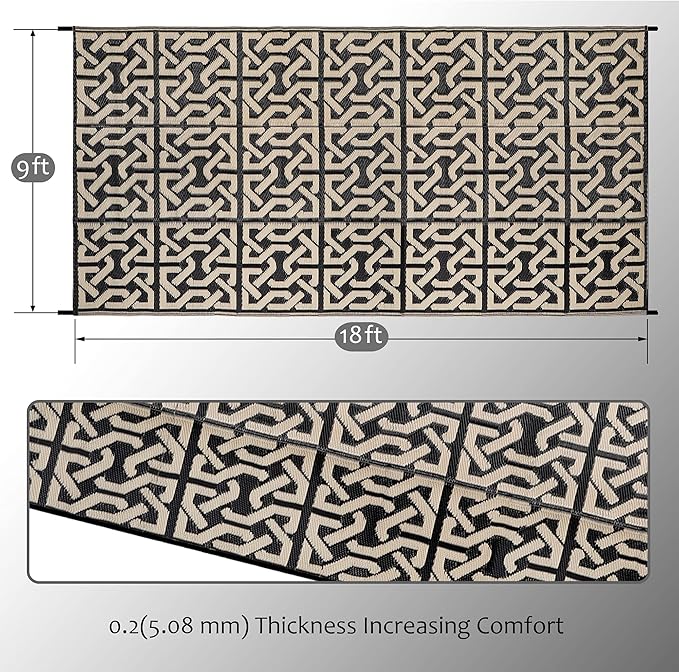 SAND MINE Reversible Mats, Plastic Straw Rug, Modern Area Rug, Large Floor Mat and Rug for Outdoors, RV, Patio, Backyard, Deck, Picnic, Beach, Camping, Trailer, Black & Beige, 9' x 18'