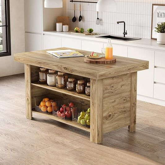 LITTLE TREE 55 Inches Kitchen Island with Storage, 3-Tier Farmhouse Wooden Stationary Island Table with Large Worktop & Leg Room, Modern Coffee Bar Table with Storage Shelf for Kitchen, Oak