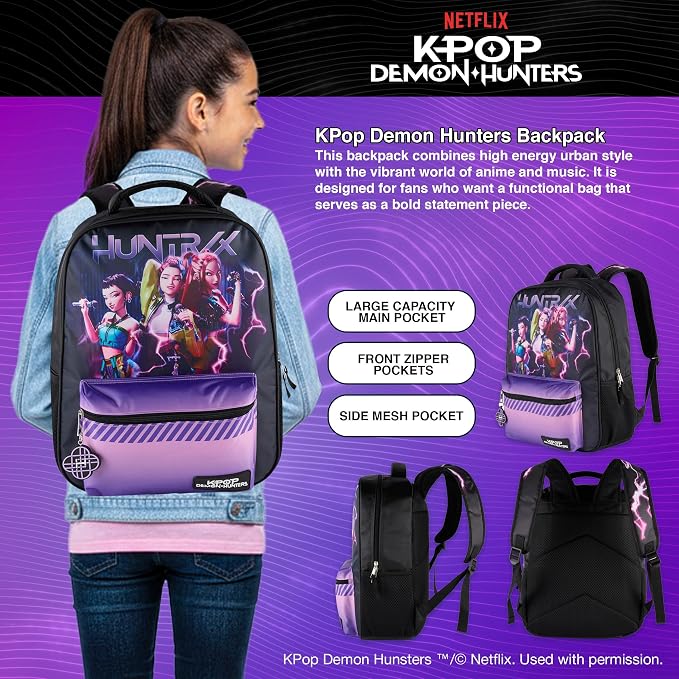 AI ACCESSORY INNOVATIONS K-Pop Demon Hunters Huntrix 16” Backpack for Girls, Featuring Rumi, Zoey, Mira, Rubber Molded Bag Charm, Huntrix