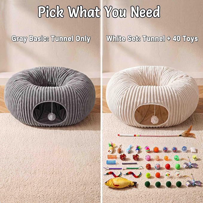 Cat Tunnel Bed for Indoor Cats, Peekaboo Cat Cave Bed, Grey | Soft Cat Donut Tunnel for Kitten Large Cats, Cat Gifts