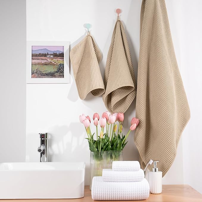 POLYTE Oversize, 60 x 30 in., Quick Dry Lint Free Microfiber Bath Towel Set, 6 Piece (Waffle Weave)