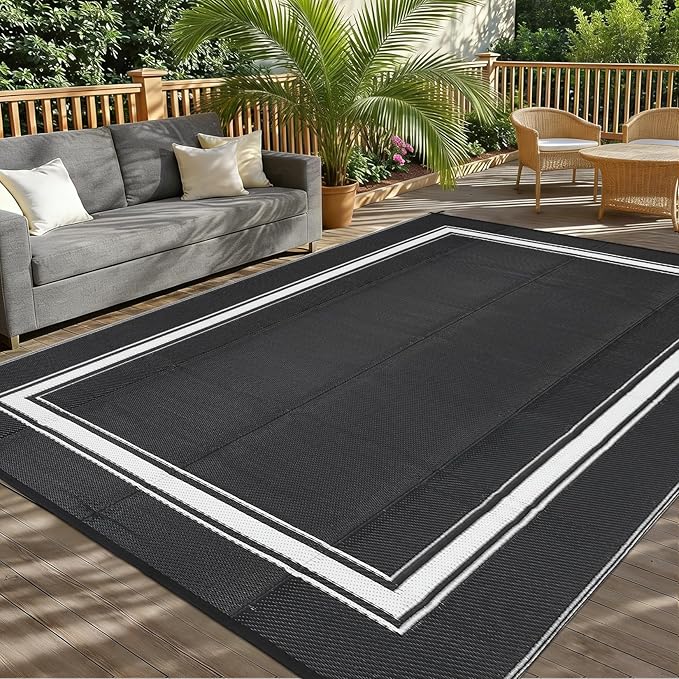 Waterproof Outdoor Rug 9x12 Reversible Plastic Straw Rug Modern Bordered Large Floor Carpet UV Resistant Camping Mat for Outsides RV Patio Backyard Picnic Deck Black/White
