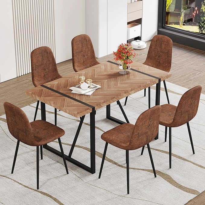 Dinner Table Set for 6, Modern 55'' Wood Dining Table with Fabric Dining Chairs Set of 6,Dining Room Sets for 6,Ideal for Dining Kitchen Room