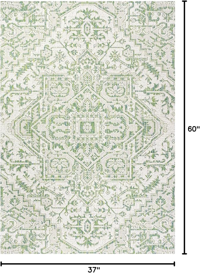 JONATHAN Y Boho Medallion Indoor Outdoor Area Rug 3X5 Green/Cream, Estrella Textured Weave for Backyard, Patio, Porch, Easy-Cleaning, High Traffic, Pet-Friendly, Non-Shedding (SMB105G-3)