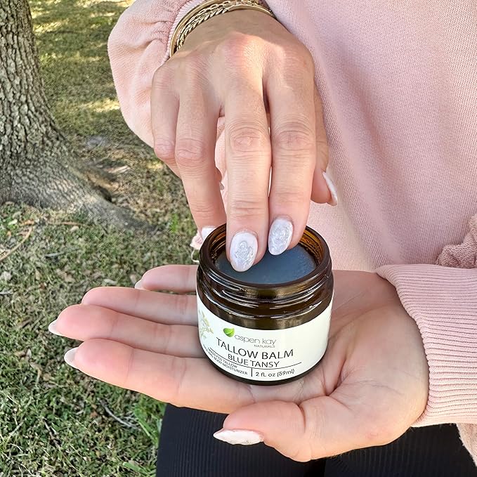 Aspen Kay Naturals Handmade 100% Grass Fed Beef Tallow Balm for Skin Care, With Organic Jojoba Oil + Chamomile (Blue Tansy) Organic Body Butter - 2 fl. oz. Made in USA