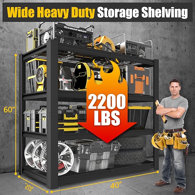 PrimeZone 40" W Heavy Duty Garage Shelving 2200 LBS 4 Tier Storage Shelves Adjustable Industrial Metal Wire Shelf Utility Rack for Garage,Basement,Pantry,Warehouse,Commercial,40" W X 20" D X 60" H