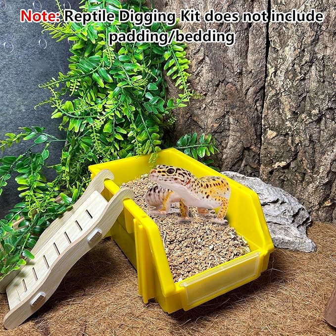 Reptile Digging Box Plastic Leopard Gecko Burrowing Habitat Hide Box with Wooden Ladder Compatible with Terrariums Tailored for Juvenile Bearded Dragons and Snake in Compact Setups (Yellow)