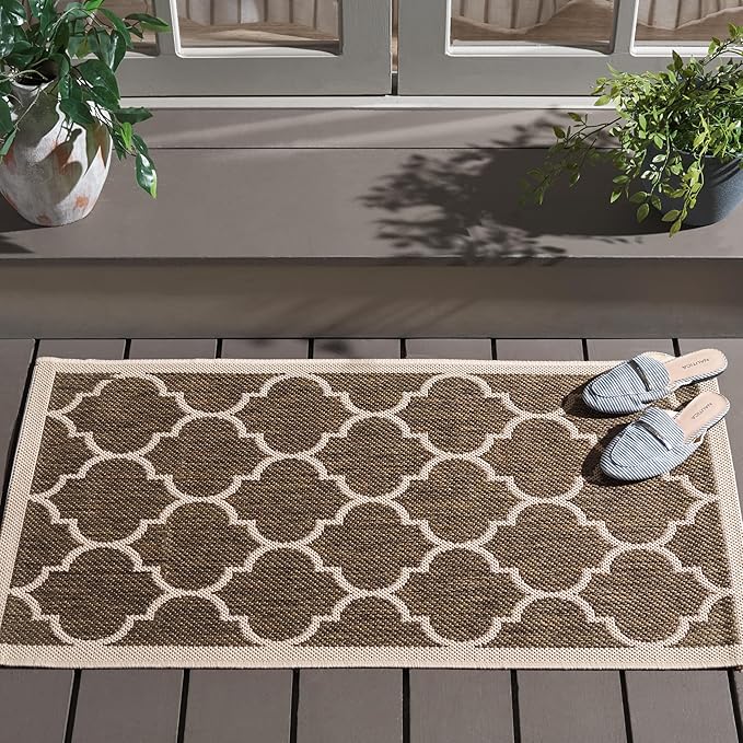 SAFAVIEH Washable Rug Outdoor Courtyard Collection - 2' x 3'7', Brown & Bone, Non-Shedding & Easy Cleaning, Ideal for Patio, Front Door, Entryway, Doormat (CY6914-242)