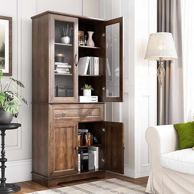 Fatmok 72" Tall Kitchen Pantry Storage Cabinet with Glass Door,Kitchen Hutch Cabinet with 4 Door & 1 Drawer, Farmhouse Food Pantry for Living Room, Dining Room, Office, Brown