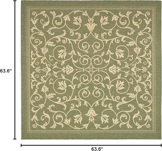 SAFAVIEH Washable Rug Outdoor Courtyard Collection - 5'3" Square, Olive & Natural, Non-Shedding & Easy Cleaning, Ideal for Patio, Backyard, Mudroom (CY2098-1E06)