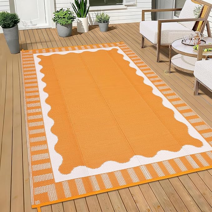 Waterproof Plastic Straw Outdoor Rug 9x18 Patio Reversible UV Resistant Foldable Camping Carpet Scalloped Border Large Outdoor Rugs for Deck, Picnic, Porch, Camper, Balcony, Beach，Orange