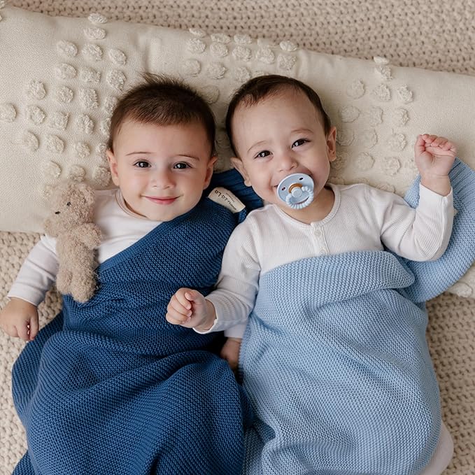 Heritage Knit Organic Cotton Receiving Swaddle Blanket for Boys - 100% Organic Soft Luxury Cotton Warm Cuddle Swaddling Blanket for Newborns Infants Toddler 36" x 32" (0-2Yrs - Denim Blue)