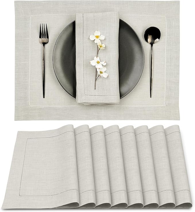 D'Moksha Homes Silver Grey Linen Cloth Placemats Set of 8-100% Pure Linen Hemstitch Placemats 14 x 19 Inch - Classic Hemstitch Table Place Mats for Thanksgiving - Handcrafted and Machine Washable