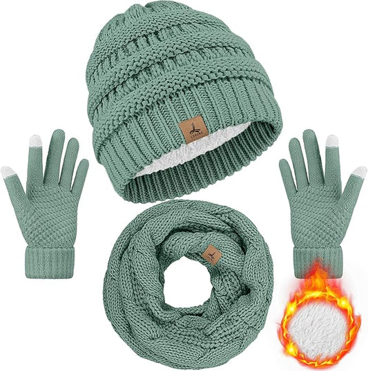 Winter Beanie Hat Scarf Gloves, Warm Fleece Knit Hats Touch Screen Gloves Neck Scarf Set Winter Gifts for Unisex Adult
