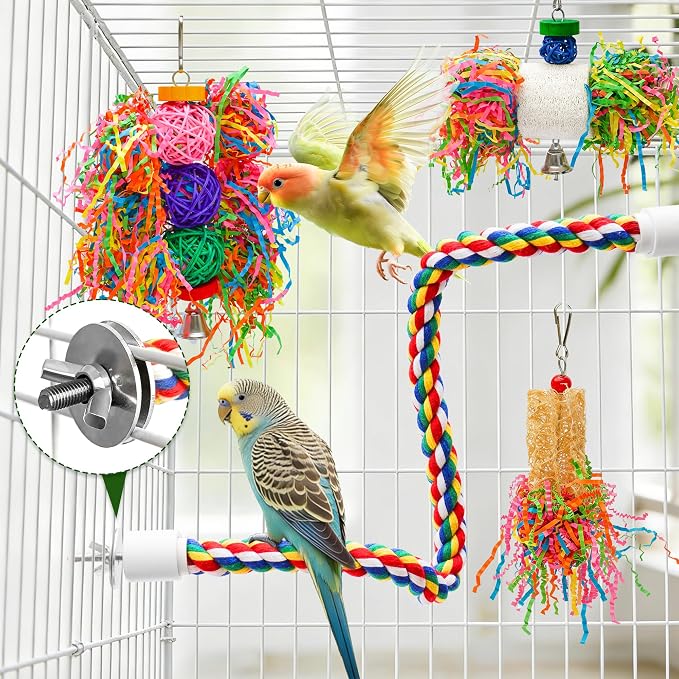 6PCS Bird Parrot Foraging Toys with Rope Perch Parakeet Chewing Hanging Toy Shredded Paper Cage Accessories for Small Parrots Parakeets Conures Cockatiels Love Birds Cage Toy