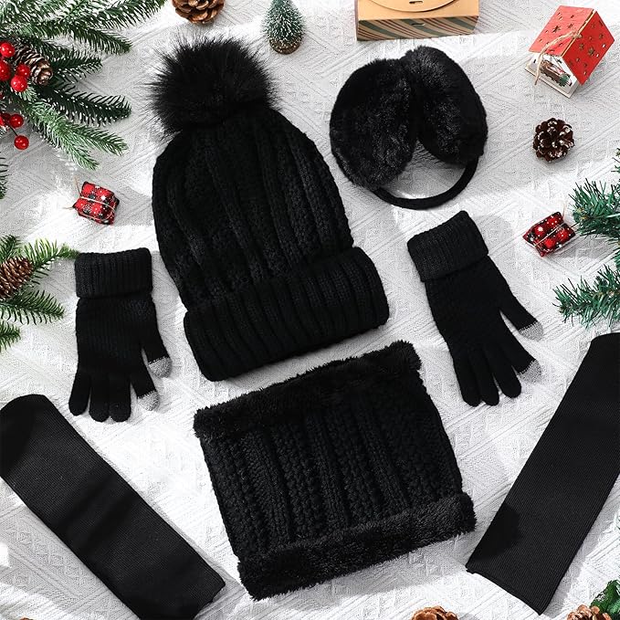 SATINIOR 5 Pcs Winter Satin Lined Hat Scarf Gloves Set Knit Pompom Beanie Warm Touchscreen Glove Earmuff Ear Warmer for Women