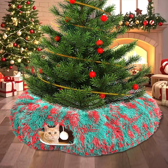 Warm Fluffy Plush Cat Tunnel Bed Under Christmas Tree Big Tube Playground Toys 3 FT Diameter Longer Crinkle Collapsible 3 Way, for Indoor Cat Kitty Kitten Puppy Rabbit Ferret Green-Red