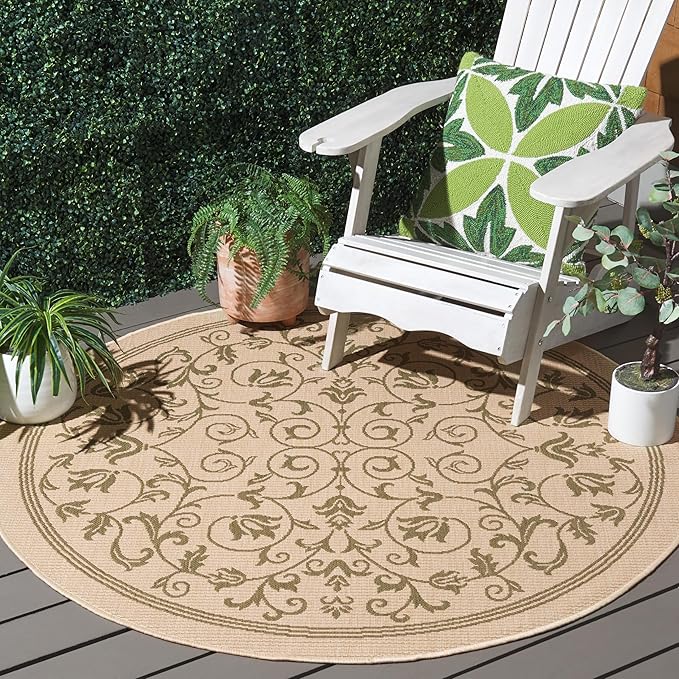 SAFAVIEH Washable Rug Outdoor Courtyard Collection - 5'3" Round, Natural & Olive, Non-Shedding & Easy Cleaning, Ideal for Patio, Backyard, Mudroom (CY2098-1E01)