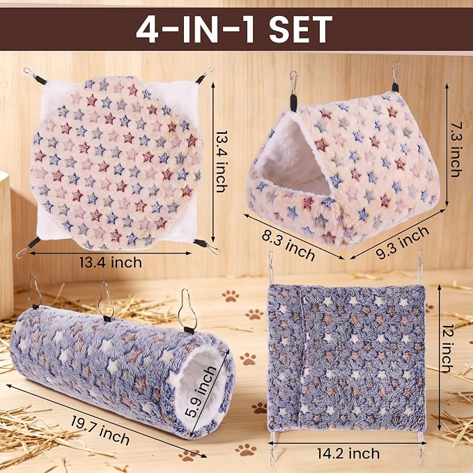 MCEAST 4 Pieces Small Pets Cage Accessories Hanging Hammock Sleeping Bag Tunnel and Bed Hideout Set Warm Sleep Nap Sack Bed for Hamster Ferret Squirrel Rabbit, Light Brown and Gray Stars