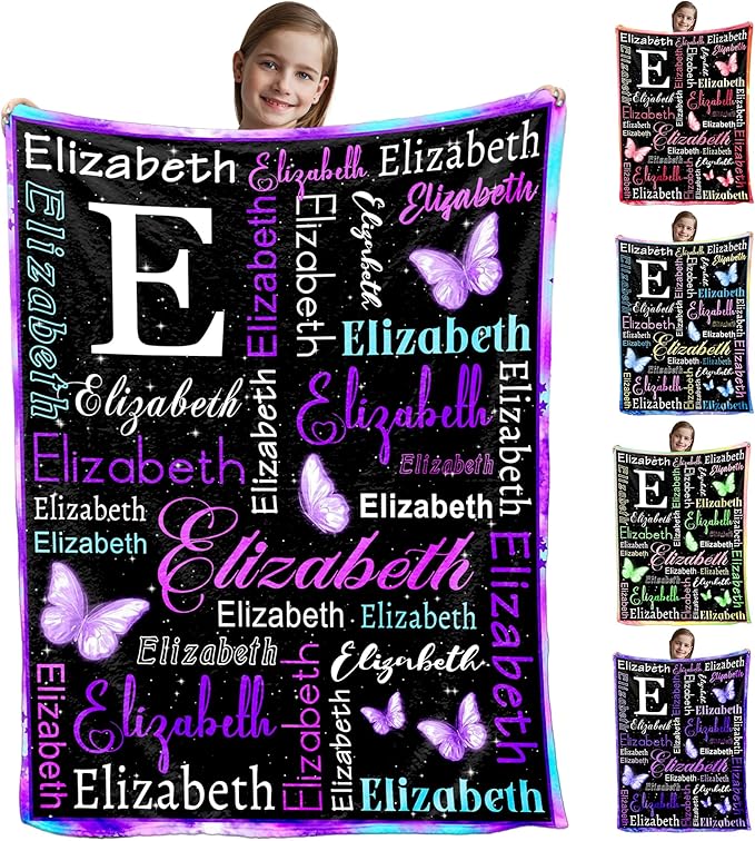Custom Blanket, Personalized Baby Blanket Customizable Name Customized Baby Name Throw-Blanket Purple Butterfly Pattern Customize Blankets for Baby Girl or Boy Best Gift for Baby Newborn New Mom