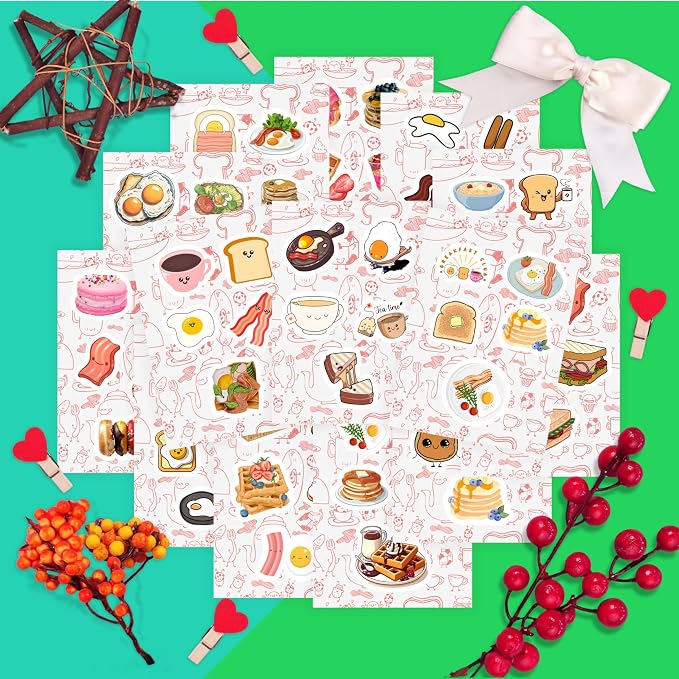 100Pcs Cute Breakfast Food Stickers for Scrapbooking, Water Bottle & Laptop - Breakfast Party Supplies & Decorations, Kawaii Food Stickers, Waterproof Vinyl Decals, Gifts for Women & Men