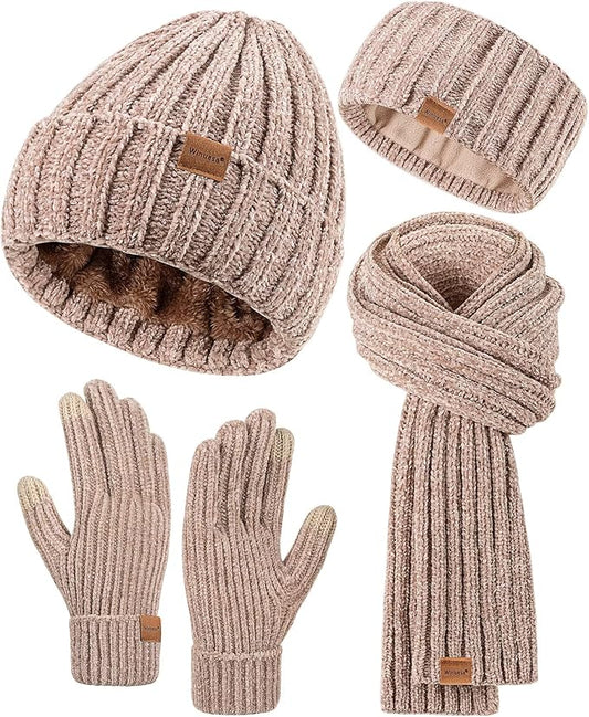 Women Beanie Scarf Gloves Headband Set, Chenille Winter Hats Fleece Lined Ear Warmer Knit Scarf Touchscreen Gloves 4 Gift Set