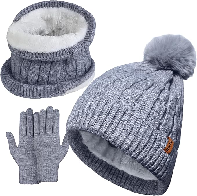 ihuan Winter Hat Scarf Gloves Warmer Christmas Gifts, Warm Knit Beanie Hat Touch Screen Gloves Set Neck Scarves for Women