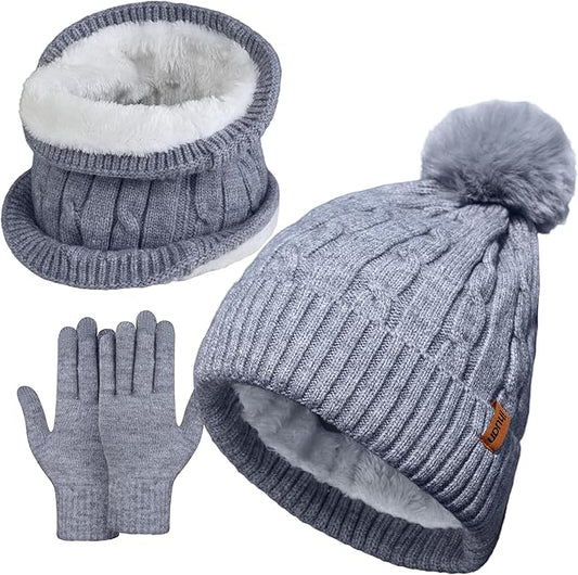 ihuan Winter Hat Scarf Gloves Warmer Christmas Gifts, Warm Knit Beanie Hat Touch Screen Gloves Set Neck Scarves for Women