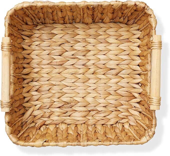 Casafield Set of 2 Water Hyacinth Oval Storage Baskets with Wooden Handles - Small, Woven Bin Organizers