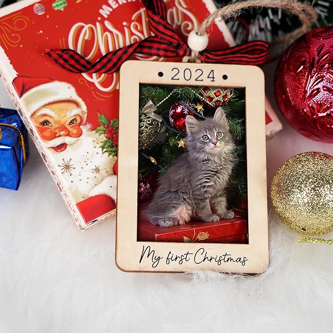 Christmas Photo Frame Ornament, 2025 Ornament, Wooden Picture Frame Ornaments With Hanging String (Cat)