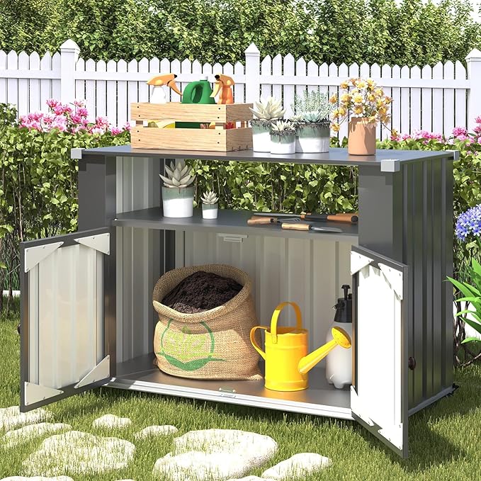 AECOJOY Outdoor Grill Table with Storage Cabinet Weatherproof, Outdoor Kitchen Island, Grill Cabinet Cart with Storage, Outdoor Counter Prep Table with Storage