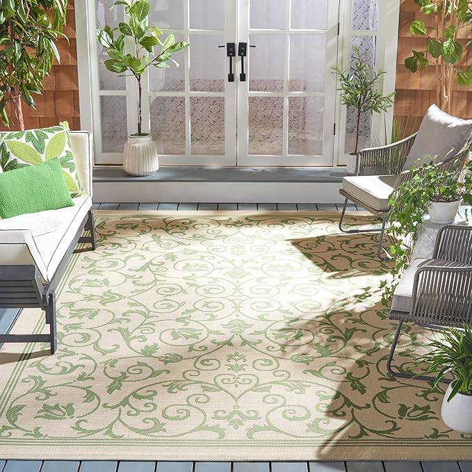 SAFAVIEH Washable Rug Outdoor Courtyard Collection - 6'7" x 9'6", Natural & Olive, Non-Shedding & Easy Cleaning, Ideal for Patio, Backyard, Mudroom (CY2098-1E01)