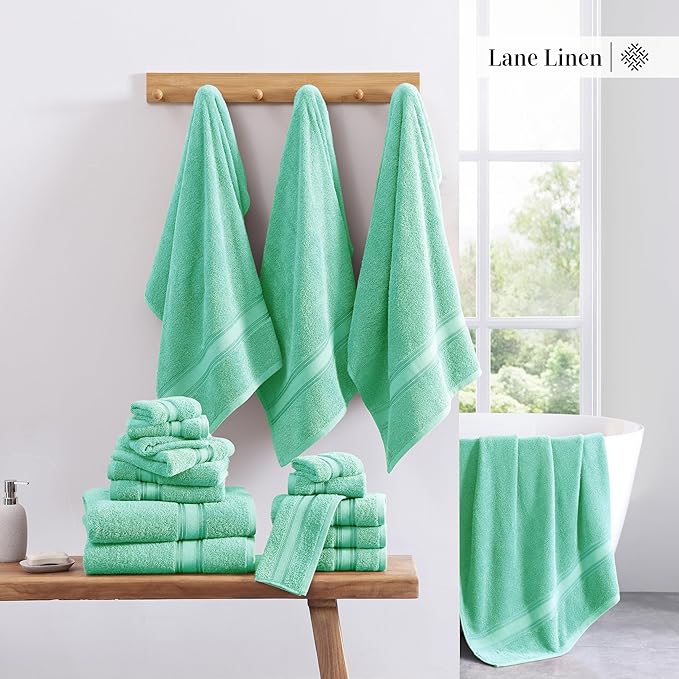 LANE LINEN 18Piece Bathroom Towels – Luxurious 100% Ring Spun Cotton, Zero Twist, Includes 6 Bath, 6 Hand & 6 Washcloths, Quick-Dry, Lightweight, Everyday Essential, Machine Washable – Aqua Sky